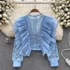 Women's Blouses DALMAZZO French Designer Summer Ruffles Stitching Lace Short Shirt Tops Women Fashion Long Sleeve Chic Perspective 2023