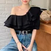 Women's Blouses Elegant Diagonal Collar Irregular Blouse Summer Double Layered Ruffled Chiffon Shirt Short Sleeve Women 2023 Ladies Tops