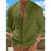 Camisas casuais masculinas primavera e outono algodão linho manga longa cor lisa gola alta estilo plus size