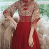 Etniska kläder Bourgogne Mesh Dressing Gown Lady Cheongsam med TASSLES Formell parti Stand Collar Chinese Prom Dress Exquisite Qipao