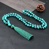 Pendant Necklaces 8MM Blue Black Stone Tassel Necklace Tibetan Prayer 80 Beads Elastic Bracelet Energy Healing Yoga Jewelry Gift