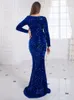 Casual Dresses O Neck Stretch Sequin Golvlängd Kvällsnattklänning Fullärmad BodyCon Black Mermaid Party Royal Blue