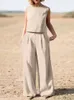 Women's Two Piece Pants Solid Cotton Linen Outfits Women Casual O Neck Sleeveless Pullover Blouse And Straight Suits Summer Loose 2Pc Sets