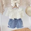 Clothing Sets Summer New Girls Clothing Sets Cute Dots Ruffle Top+Lace Bow Denim Shorts Toddler Baby Clothes Suit Girls Fashion Kids Outfit R230805