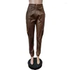 Calça Feminina KEXU Elegante Couro PU Cargo Feminino Com Zíper Cintura Alta Bolsos Punho Elástico Calças Casuais Streetwear Club Bottoms