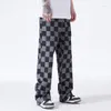 Men's Jeans 2023 Spring Brown Check Print Baggy Korean Fashion Streetwear Denim Straight Pants Male Brand Trousers