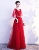 Ethnic Clothing Elegant Long Red Dress V-neck Lace Short Sleeve Bow Belt Party Evening