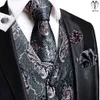 Mäns västar Hi-Tie High Quality Silk Mens Vests Pink Grey Floral Waistcoat Tie Hanky ​​Cufflinks Brooch Set for Men Pass Wedding Office Gift 230804