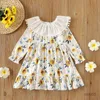 Flickans klänningar Blomma tryck TurnDown Collar Long Flare Sleeve Girls Dress Sweet Kids Clothes 1-6y Spring Fall Kids Dresses For Girls