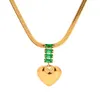 Vintage 18K Gold Plated Heart Pendant Set With Green Zircon Stainless Steel Necklace Jewelry