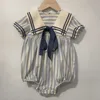 Clothing Sets Children Boutique Clothing Boys Girls Short Sleeve Blue Striped Navy Tie Set Vintage Cotton Siblings Outfit Birthday Dress R230805