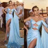 Elegante Cielo azul Cierre de satén con el corpiño Sleats Fily Party Dress Divish Deportes Long Vestidos para OCN especial