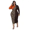 Plus Size Kleider Damen Elegant Leopard Patchwork Bodycon Stretch Maxikleid Party Vintage 2023 Wholesa 3XL 4XL 5XL 6XL