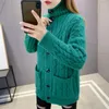 Kvinnors stickor Autumn Winter Korean Fashion Sweaters Casual Knit Cardigan Single-Breasted Turtleneck Loose Femme Sweater Coat Top