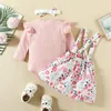 Conjuntos de roupas 2023-06-06 Lioraitiin 0-18M Infant Baby Girls Fall Outfits Manga comprida com nervuras Romper Suspensório Saia Tiara Conjunto de roupas