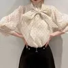 Women's Blouses DUTRIEUX Japan Vintage Lantern Sleeve Shirts Women Spring Organza Fairy Chiffon Lace Up Bow Polka Dot Blusas De Mujer