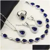 Jewelry Sets Bague Ringen Water Drop Shaped Sapphire Sier 925 For Women Blue Gemstones Ring Earrings Necklace Bracelet Delivery Dhbwj