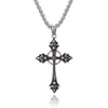 Pendentif Colliers Vintage Argent Couleur Croix Collier Pour Hommes Rouge Pierre Gothique Punk Titane Acier Bijoux De Mode Charme Mâle Cadeau