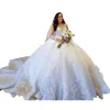 Luxo Catedral Vestidos de Baile Vestidos de Noiva Apliques de Renda Ilusão de Miçangas Mangas Compridas Vestidos de Noiva Trem Longo Robe De Mariage