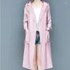 Women's Trench Coats #6004 Pink Grey Long Windbreaker Women With Hood Casual Thin Loose Summer Coat For Belt See Through Overcoat