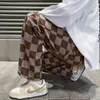 Men's Jeans 2023 Spring Brown Check Print Baggy Korean Fashion Streetwear Denim Straight Pants Male Brand Trousers