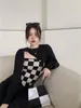 Camisolas femininas góticas irregulares camiseta feminina tricotada pulôver xadrez preto camisola regata Y2K duas peças estilo coreano