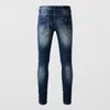 Mäns jeans high street mode män retro blå elastisk stretch mager rippad läder lapped designer hip hop varumärke byxor