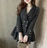 Robes Décontractées Tempérament Rétro Noir Tweed Veste À Carreaux Femmes Automne Hiver Double Boutonnage Col Entaillé Robe De Bal Mini Robe En Laine