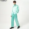 Mens Tracksuits Set Solid Satin Streetwear Turtleneck långärmad t -skjorta breda benbyxor 2 st mode casual kostymer incerun 230804