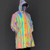Men's Trench Coats Custom Men Unisex High Street Rainbow Reflective Hooded Jacket Windbreaker Dust Coat 230804