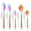 Dinnerware Sets 20PCS Japanese And Korean Style Wood Grain Square Handle Tableware Set Gold Silver Knife Dessert Fork Spoon Cutlery