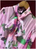 2023 Zomer Roze Bloemenprint Taille Gordel Jurk Lange Mouwen Ronde Hals Lange Maxi Casual Jurken A3Q122246