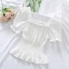 Kvinnors blusar kvinnor fyrkantiga krage mode koreanska eleganta solid blusa retro ruffles stretchy klassiska sommarkontor damer avslappnade toppar