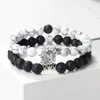 Strand Flower Shape Magnet Bracelet 8mm Natural Stone Beads Distance Elastic Rope 2pcs/Set Lovers Jewelry Gift For Women Men