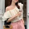 Women's Blouses Elegant Diagonal Collar Irregular Blouse Summer Double Layered Ruffled Chiffon Shirt Short Sleeve Women 2023 Ladies Tops