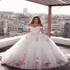 Off Shoulder Colorful 3D Flowers Cinderella Themed Wedding Dress Ball Gown Romantic Sweep Train245P