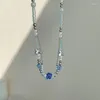 Girocollo Collana con perline di fiori blu a due strati per donna Farfalla Collane fatte a mano Perle d'imitazione Gioielli dolci