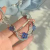 Girocollo Collana con perline di fiori blu a due strati per donna Farfalla Collane fatte a mano Perle d'imitazione Gioielli dolci