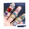 Solitaire Ring Light Luxury Crystal Zircon Stone Rings Real Gold Plate Colorf Zirconia Finger Heavy Industry Micro Pave S925 Sier Gems DHT9F