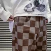 Men's Jeans 2023 Spring Brown Check Print Baggy Korean Fashion Streetwear Denim Straight Pants Male Brand Trousers