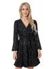 Casual Dresses Women S Sparkly Sequin Mini Dress With Long Sleeves And V-Neckline Featuring A Wrap Style Belted Waist For Party-Ready