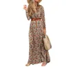 Autumn Winter Long Sleeve V Neck Bohemian Floral Dress Womens Clothes