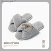 Slippare Creative Ocean Wind Exterior Decoration Cross Fluffy Slips High End Home Plush Flat Open Toe Warm Cotton Drag Kvinna Z230805