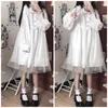 Sıradan elbiseler beyaz kawaii lolita elbise kadınlar uzun kollu şifon patchwork midi japonca ter kızlar robe tiki stil kıyafet