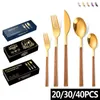 Dinnerware Sets 20PCS Japanese And Korean Style Wood Grain Square Handle Tableware Set Gold Silver Knife Dessert Fork Spoon Cutlery