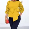 Kvinnors blusar 2023 Kvinnor Casual 3/4 ärm lång skjorta kvinnlig mesh gul femme mode elegant stora båge vita toppar försäljningsartiklar