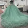 Light Green Ball Gown Quinceanera Dresses Tiered Ruffles Tulle Women Sweet 16 Flower Applique Party Robe De Soiree Long Prom Gowns