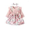 Conjuntos de roupas 2023-06-06 Lioraitiin 0-18M Infant Baby Girls Fall Outfits Manga comprida com nervuras Romper Suspensório Saia Tiara Conjunto de roupas