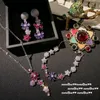 Ketting Oorbellen Set Droom Paarse Edelsteen Bloem Briljante Kleurrijke Zirkoon Fancy Romantiek Armband Zomer Banket Sieraden