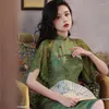 Ethnische Kleidung 2023 Grüne mittlere lange Cheongsam schlanke Vintage-Spitzenhülse Frauen Blumenkleid Mädchen Sommer S bis XXL Kleider im chinesischen Stil